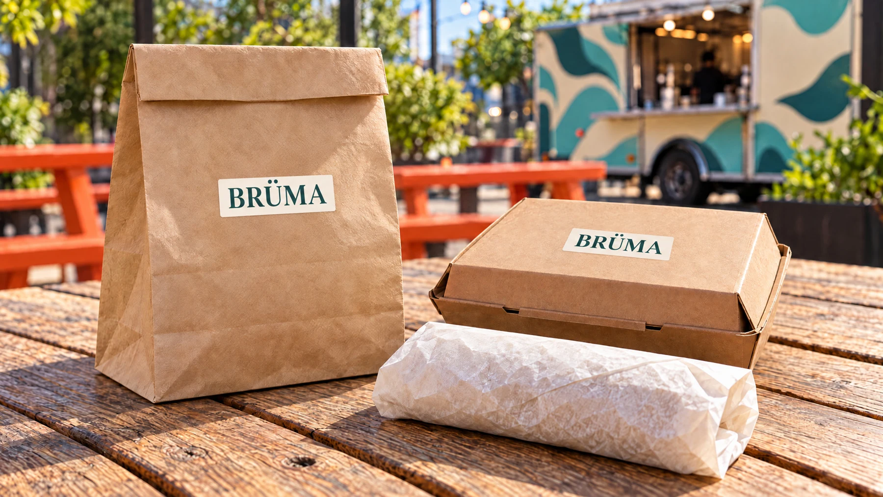 Simple BRÜMA branded bags and food boxes for takeaway and group meals