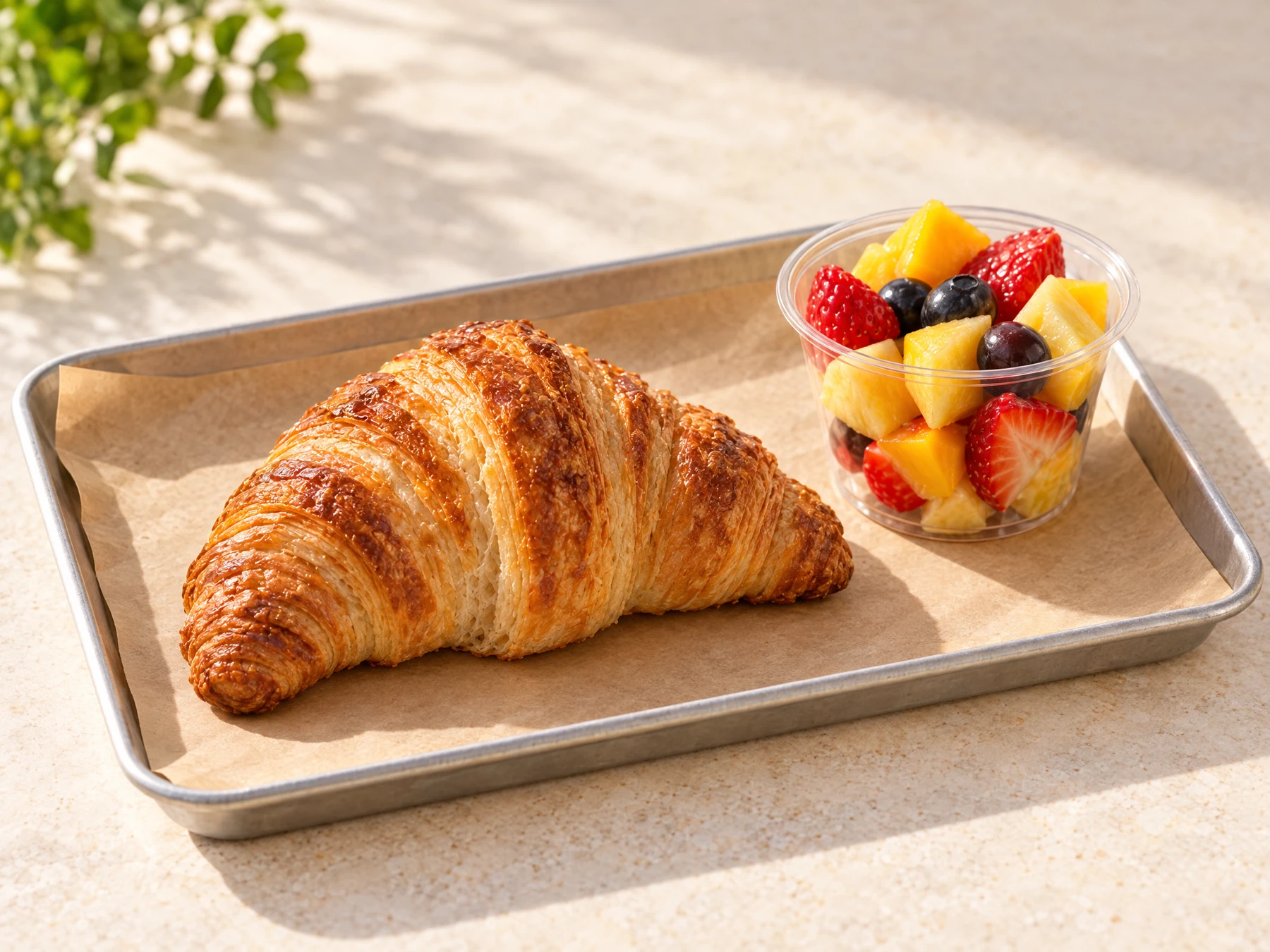 Golden croissant with a cup of fruit