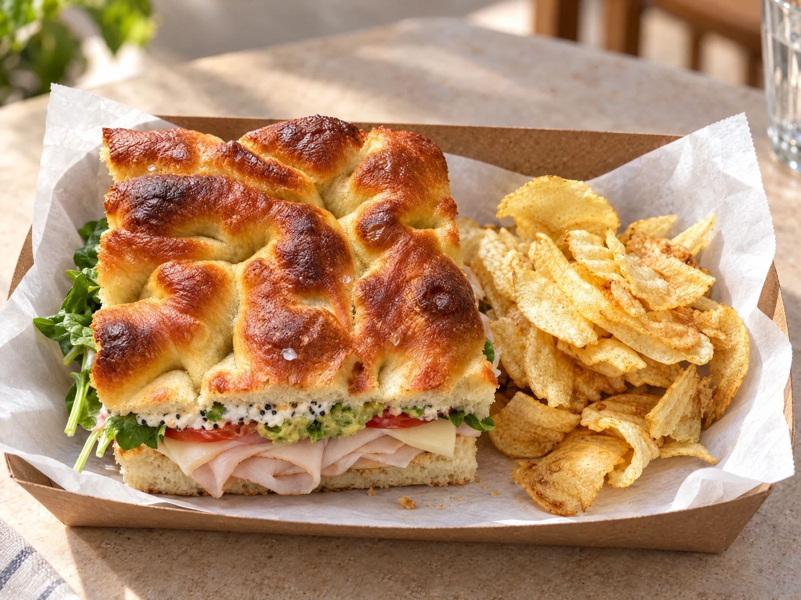 American homemade focaccia sandwich with turkey, Havarti, greens, tomatoes and chips
