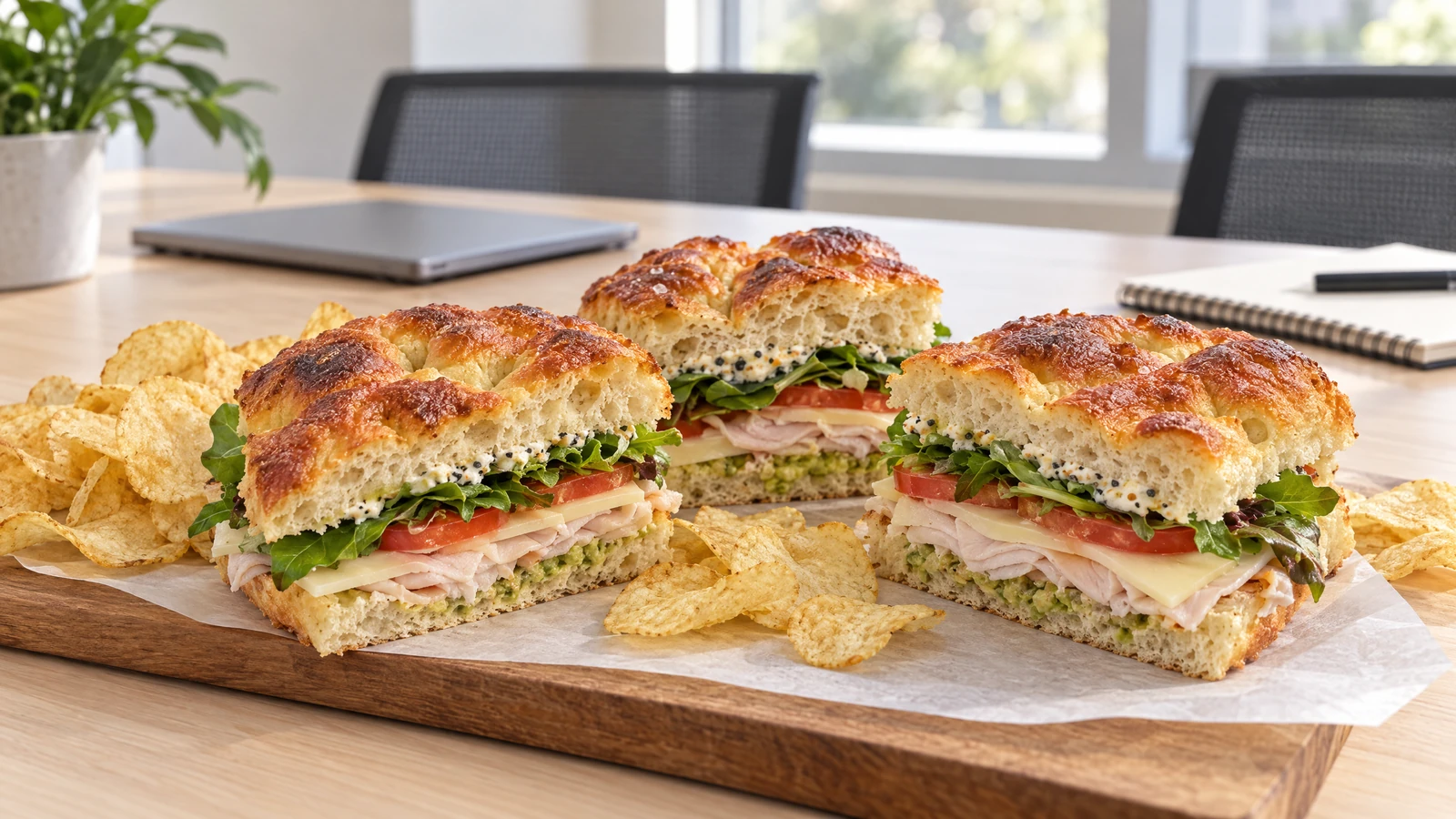 Focaccia sandwiches and chips arranged for an office lunch
