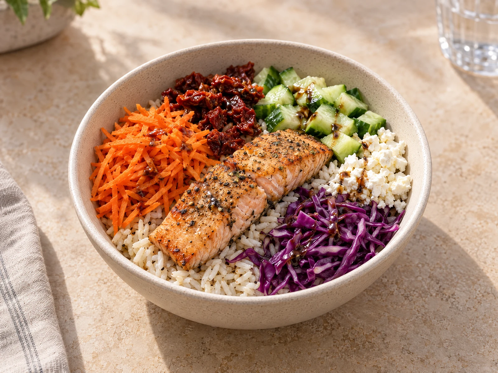 Mediterranean rice bowl with salmon, cucumber, carrots, cabbage, sun-dried tomatoes and feta