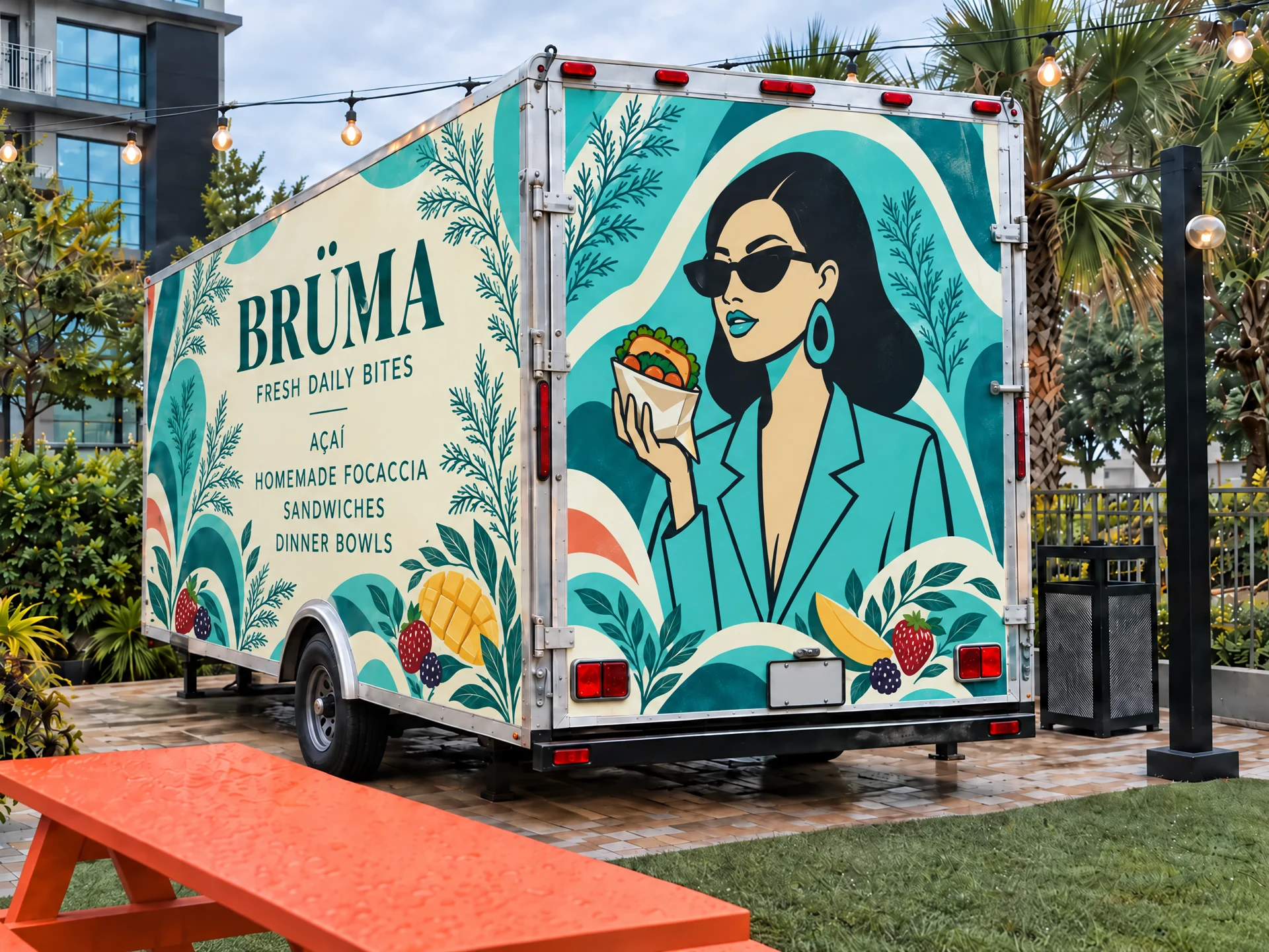 BRÜMA truck design with BRÜMA, Fresh Daily Bites, Açaí, Homemade Focaccia Sandwiches and Dinner Bowls on the left panel, and the woman illustration on the right panel, with subtle mango and berry accents along the lower wrap