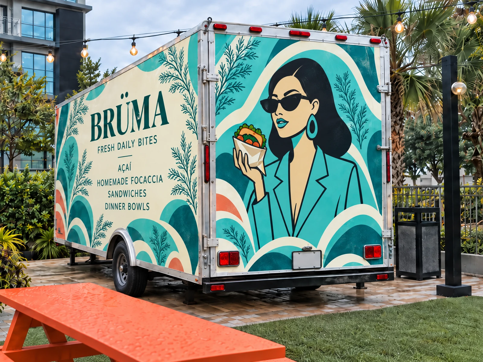 BRÜMA truck design with BRÜMA, Fresh Daily Bites, Açaí, Homemade Focaccia Sandwiches and Dinner Bowls on the left panel, and the woman illustration on the right panel