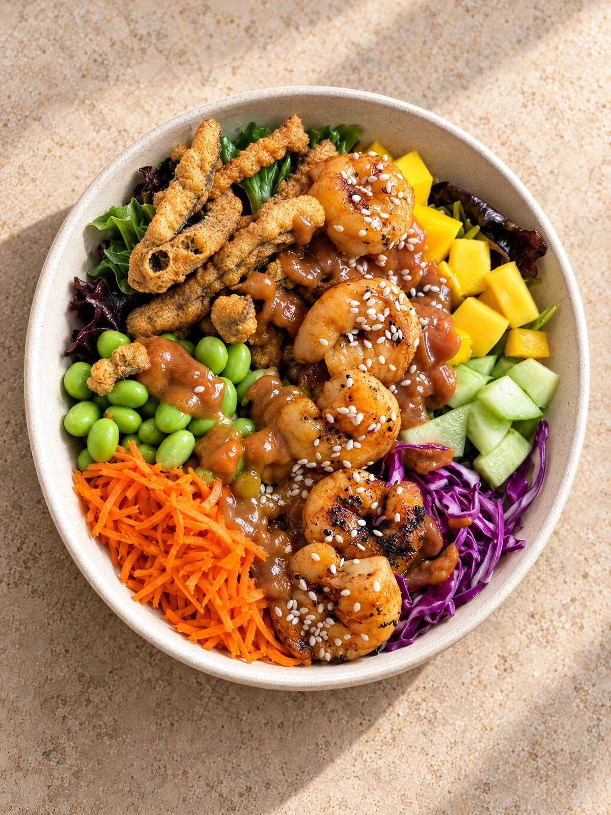 Rice bowl shown with the shrimp upgrade, which replaces the included chicken