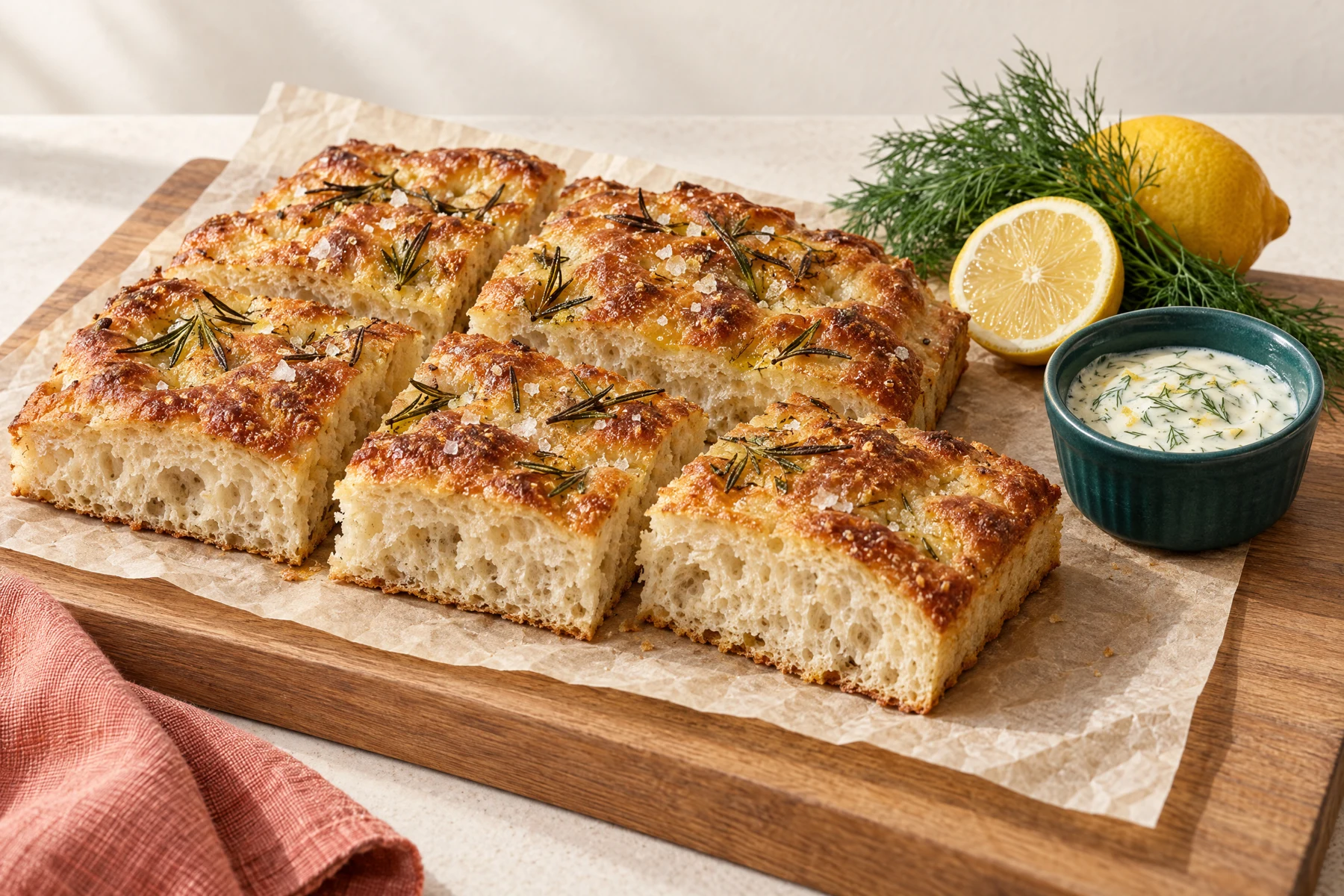 Freshly baked focaccia with an airy center and golden crust