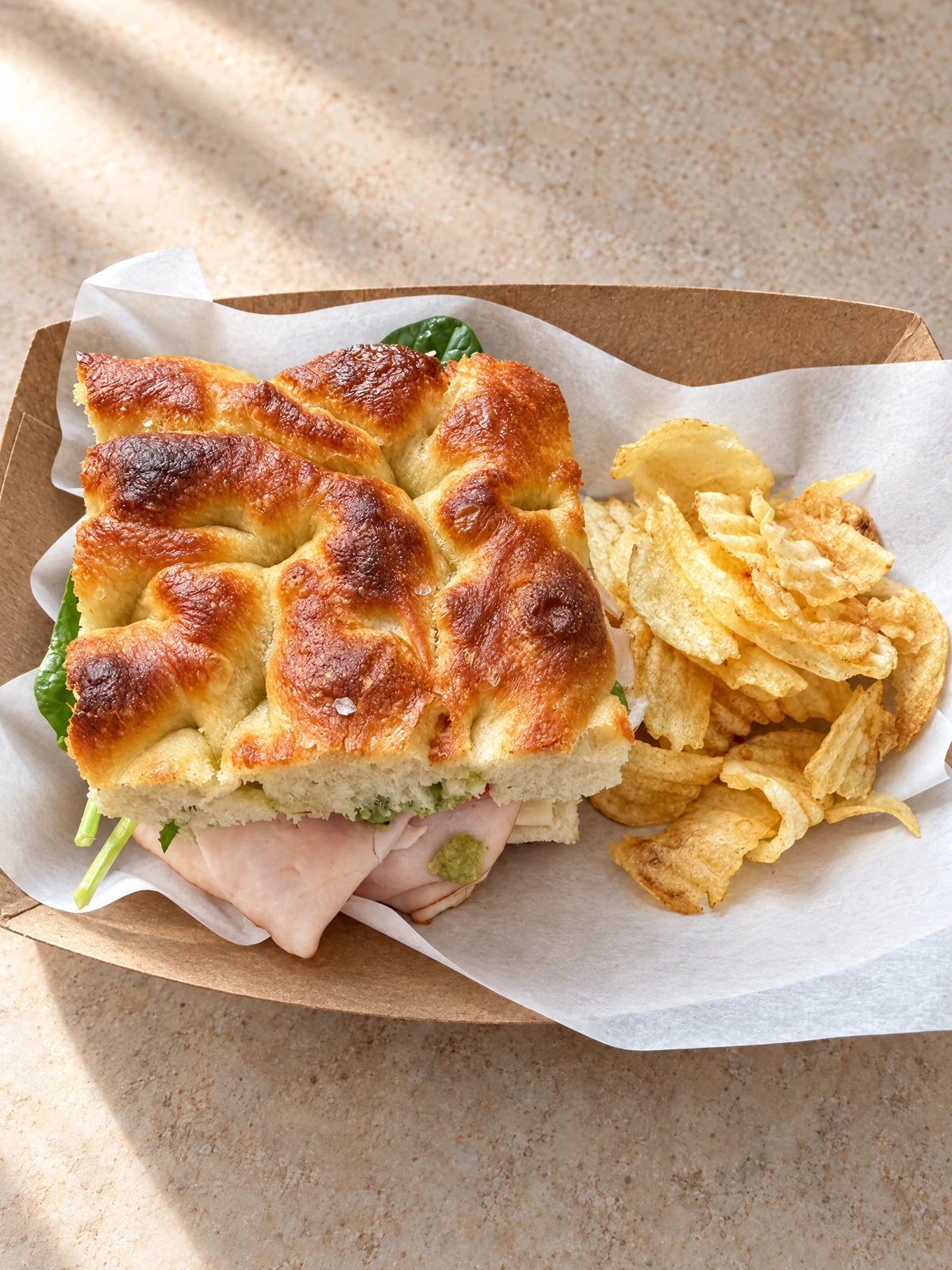 Our homemade focaccia sandwich served with chips