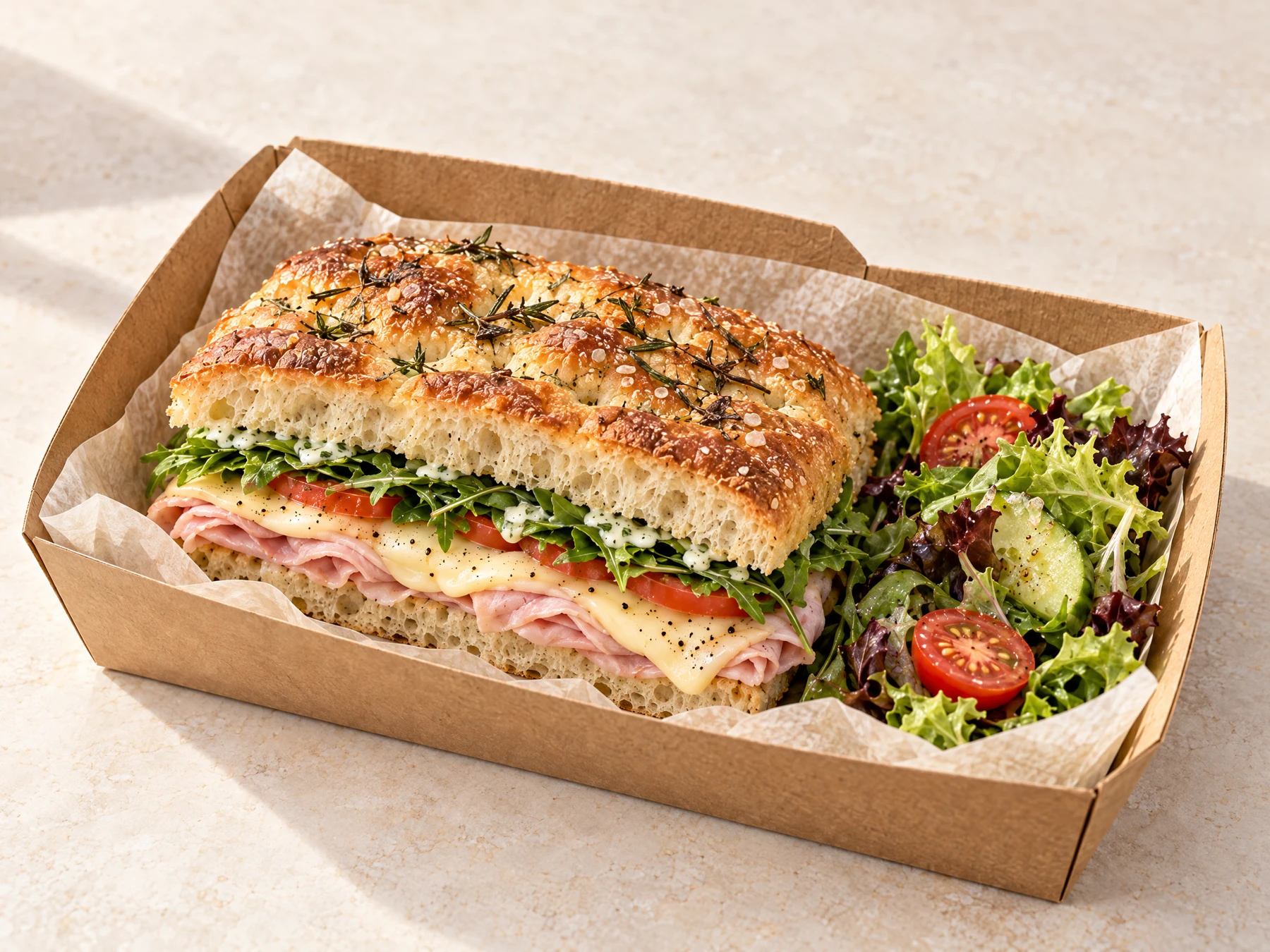 Focaccia sandwich and a mini green salad in a lunch tray